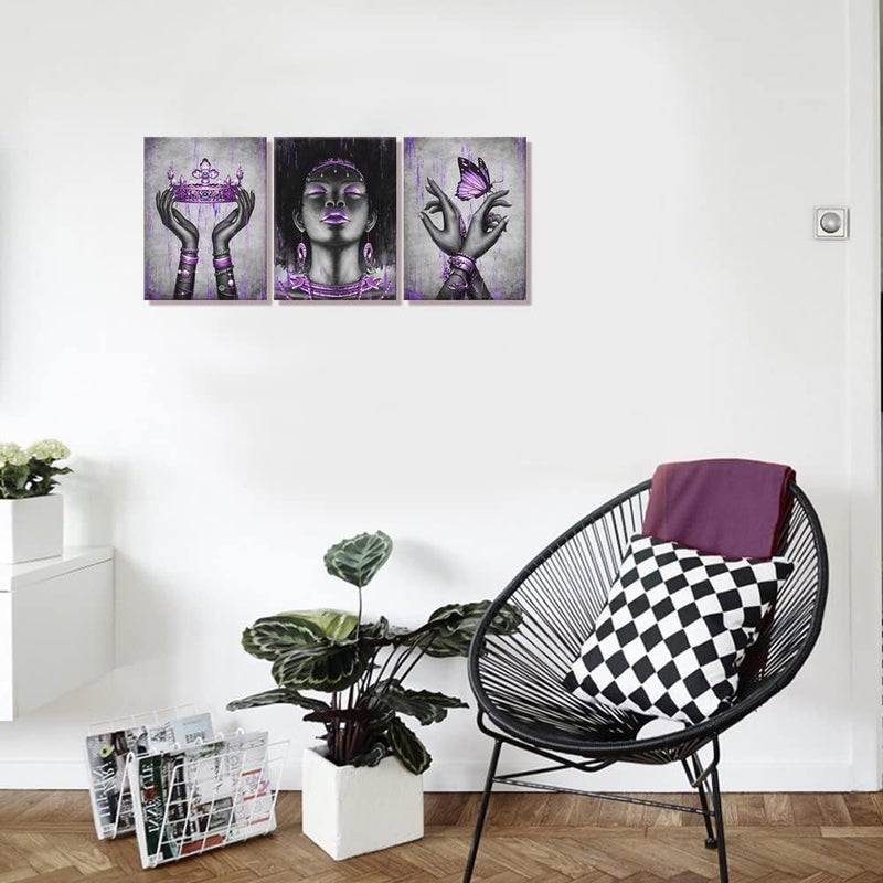 Kalormore Fashion African American Woman Painting Giclee Canvas Prints Elegant Black Girl with Purple Accessories Picture Poster Gallery Wrapped Artwork for Bedroom Makeup Room Decoration - Image 2