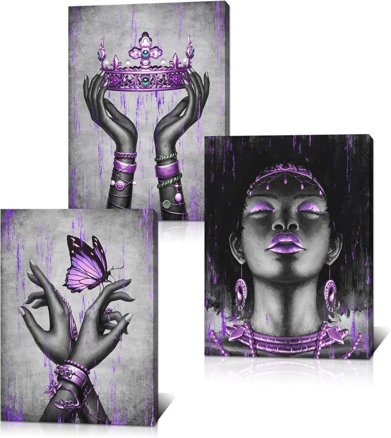 Kalormore Fashion African American Woman Painting Giclee Canvas Prints Elegant Black Girl with Purple Accessories Picture Poster Gallery Wrapped Artwork for Bedroom Makeup Room Decoration - Image 1