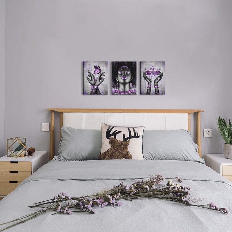 Kalormore Fashion African American Woman Painting Giclee Canvas Prints Elegant Black Girl with Purple Accessories Picture Poster Gallery Wrapped Artwork for Bedroom Makeup Room Decoration - Image 4