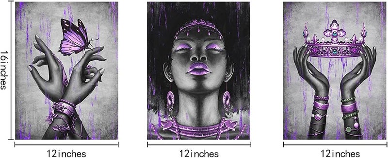 Kalormore Fashion African American Woman Painting Giclee Canvas Prints Elegant Black Girl with Purple Accessories Picture Poster Gallery Wrapped Artwork for Bedroom Makeup Room Decoration - Image 5