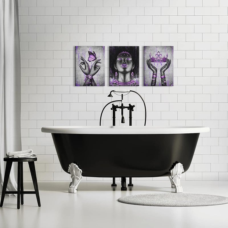 Kalormore Fashion African American Woman Painting Giclee Canvas Prints Elegant Black Girl with Purple Accessories Picture Poster Gallery Wrapped Artwork for Bedroom Makeup Room Decoration - Image 3