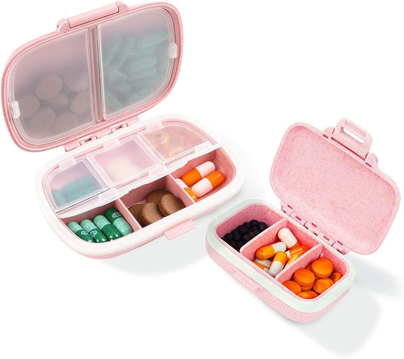 Qeedy Set of 2 pill boxes, pill box with label, daily medicine organizer case, waterproof bag container cover, portable pink supplement case, medicine container compact for vitamin - Image 1