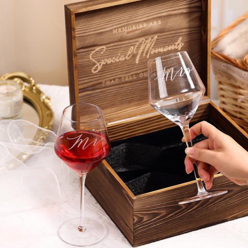 SIPBYSOP 2025 Mr & Mrs Wine Glasses Gift Set with Memory Box,Wine Bag, Greeting Card – Engagement, Wedding & Newlywed Gifts for Couples, Just Engaged Gifts for Women, Christmas Couple Present - Image 3