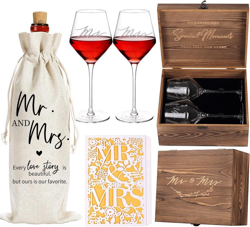 SIPBYSOP 2025 Mr & Mrs Wine Glasses Gift Set with Memory Box,Wine Bag, Greeting Card – Engagement, Wedding & Newlywed Gifts for Couples, Just Engaged Gifts for Women, Christmas Couple Present - Image 1