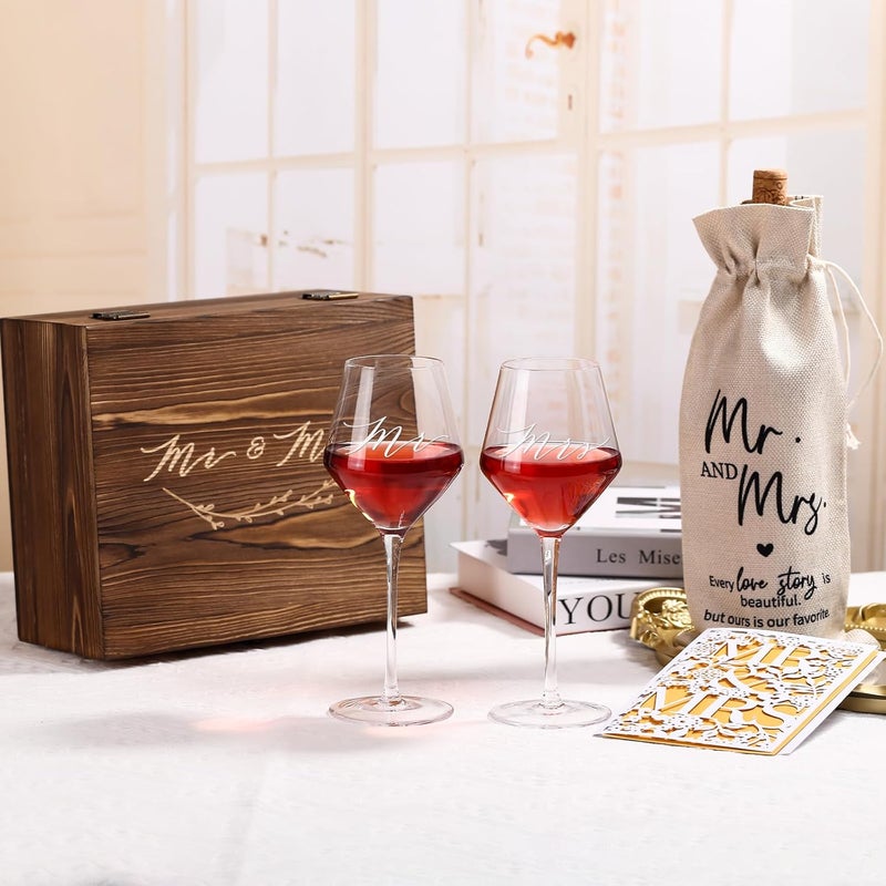 SIPBYSOP 2025 Mr & Mrs Wine Glasses Gift Set with Memory Box,Wine Bag, Greeting Card – Engagement, Wedding & Newlywed Gifts for Couples, Just Engaged Gifts for Women, Christmas Couple Present - Image 2