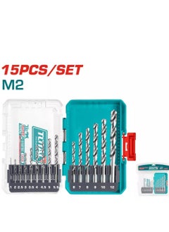 TOTAL Total 15 Pcs M2 HSS Drill Bits Set - Precision Drilling Kit for Wood, Metal, Plastic, and More - Sizes 1mm to 12mm - Durable Double Blister Pack 