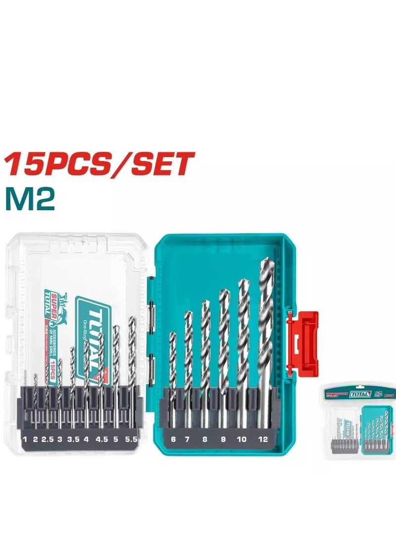 TOTAL Total 15 Pcs M2 HSS Drill Bits Set - Precision Drilling Kit for Wood, Metal, Plastic, and More - Sizes 1mm to 12mm - Durable Double Blister Pack 