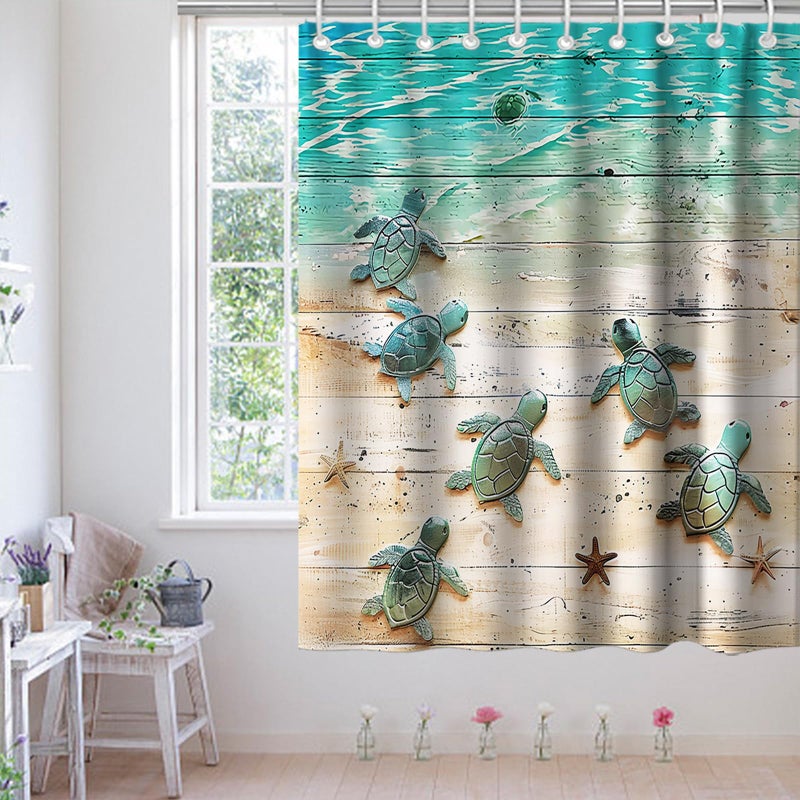 Final Friday Green Beach Sea Turtle Shower Curtain Nautical Teal Theme Fabric Bathroom Ocean Blue Decor with Grommets and Hooks 60 x 72 Inch Blue - Image 3