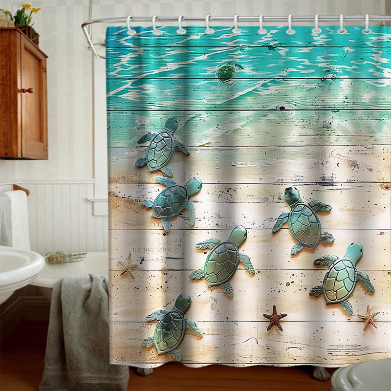 Final Friday Green Beach Sea Turtle Shower Curtain Nautical Teal Theme Fabric Bathroom Ocean Blue Decor with Grommets and Hooks 60 x 72 Inch Blue - Image 2