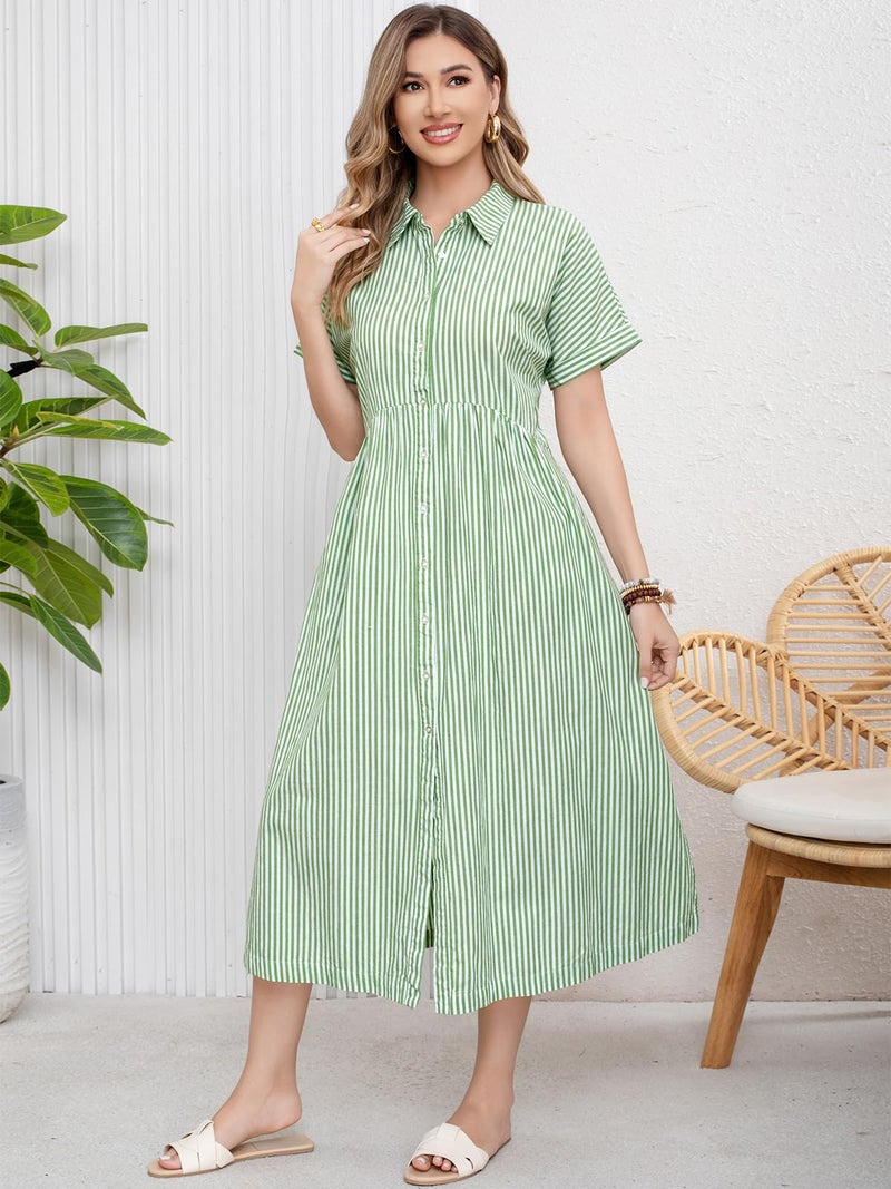 ebossy Women's Boho Striped Shirt Dress Button Up Side Slit Loose Mid Long Cotton Dress with Pockets (L, Green) - Image 2