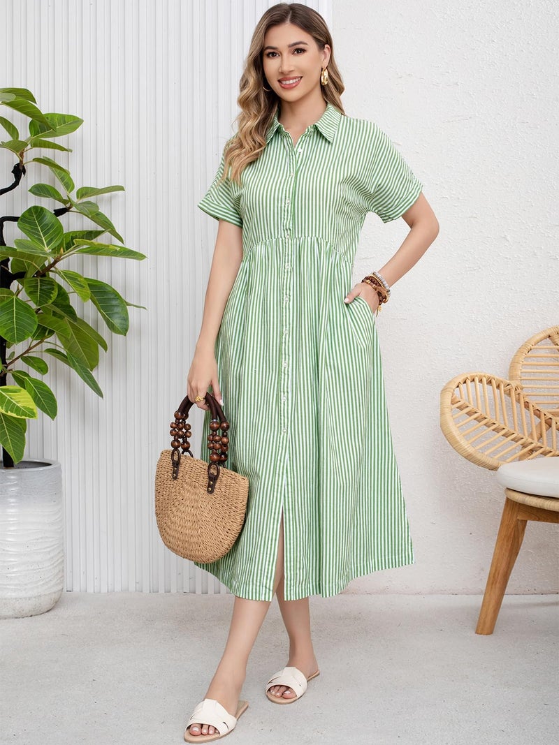 ebossy Women's Boho Striped Shirt Dress Button Up Side Slit Loose Mid Long Cotton Dress with Pockets (L, Green) - Image 3
