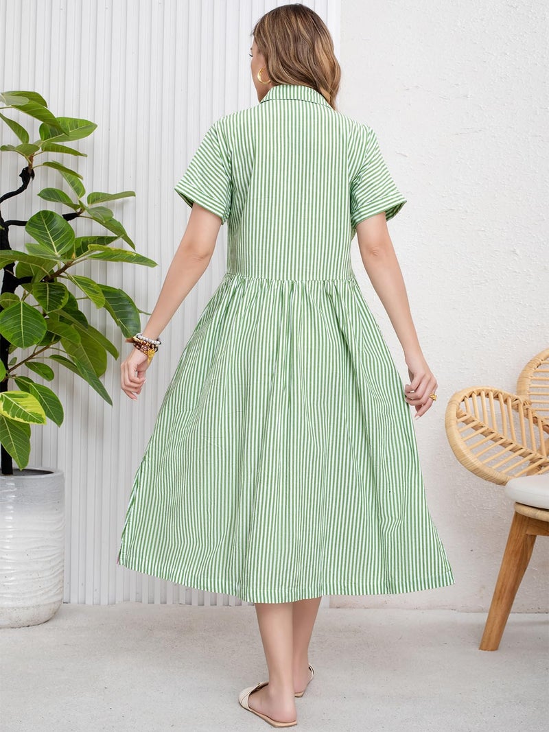 ebossy Women's Boho Striped Shirt Dress Button Up Side Slit Loose Mid Long Cotton Dress with Pockets (L, Green) - Image 4