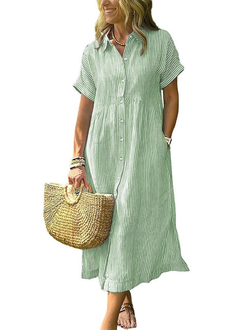 ebossy Women's Boho Striped Shirt Dress Button Up Side Slit Loose Mid Long Cotton Dress with Pockets (L, Green) - Image 1