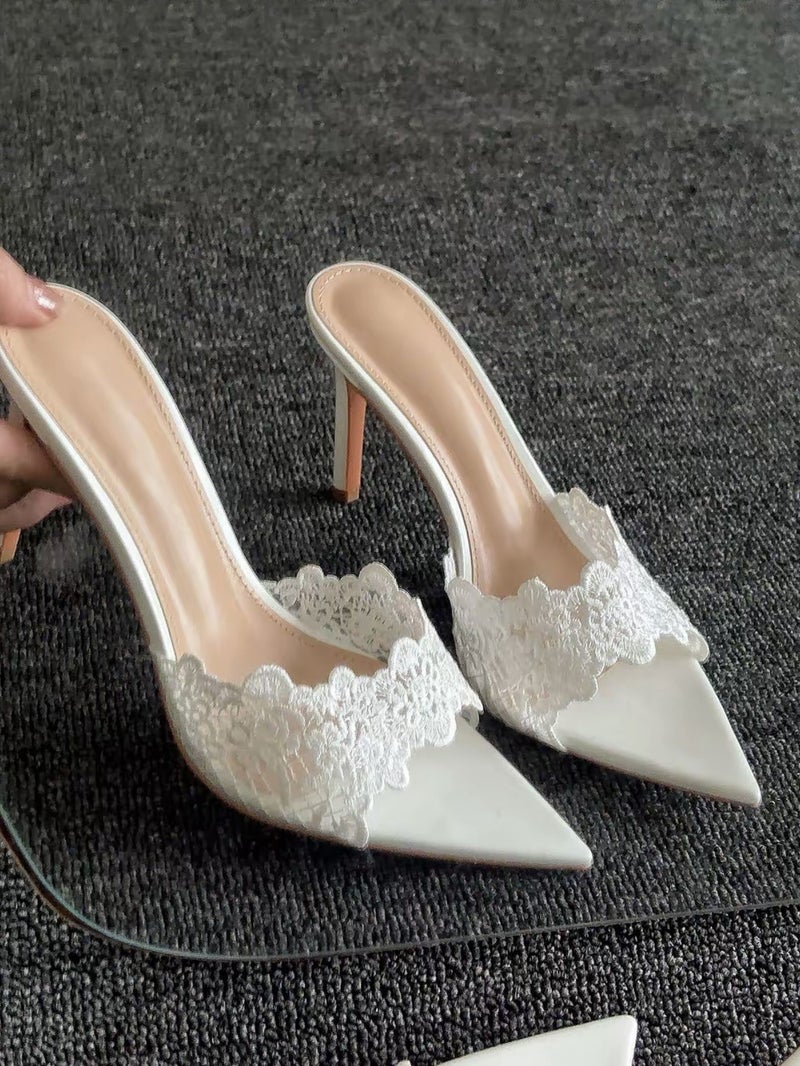 2026 Summer European-American Pointed-Toe Embroidered Stiletto Lace High-Heel Slippers, Champagne Color, Fashionable Outdoor Sandals