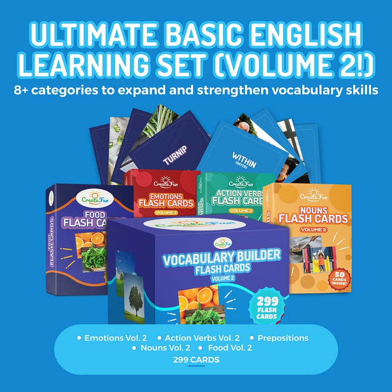 CreateFun 300 Vocabulary Builder Flash Cards Vol 2 Photo Cards Learning Materials for Speech Therapy ESL Autism Homeschool  Kids Includes Emotions Go Together Opposites Noun Food Prepositions Verbs - Image 3