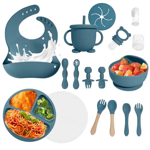 Catvegue Baby Led Weaning Supplies, 17 Piece BPA-Free Silicone Feeding Set, Eating Essentials Baby Utensils with Suction Plate and Bowl, Pocket Bib, Sippy Cup with Lid, for 6+ Months, Blue - Image 1