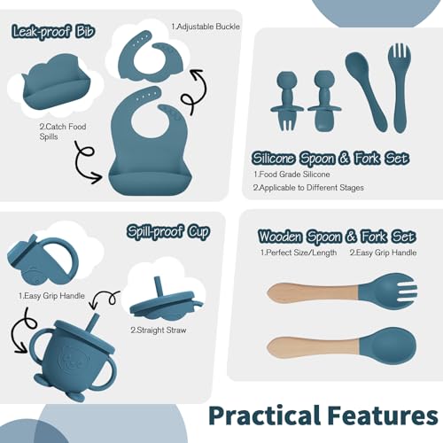 Catvegue Baby Led Weaning Supplies, 17 Piece BPA-Free Silicone Feeding Set, Eating Essentials Baby Utensils with Suction Plate and Bowl, Pocket Bib, Sippy Cup with Lid, for 6+ Months, Blue - Image 4
