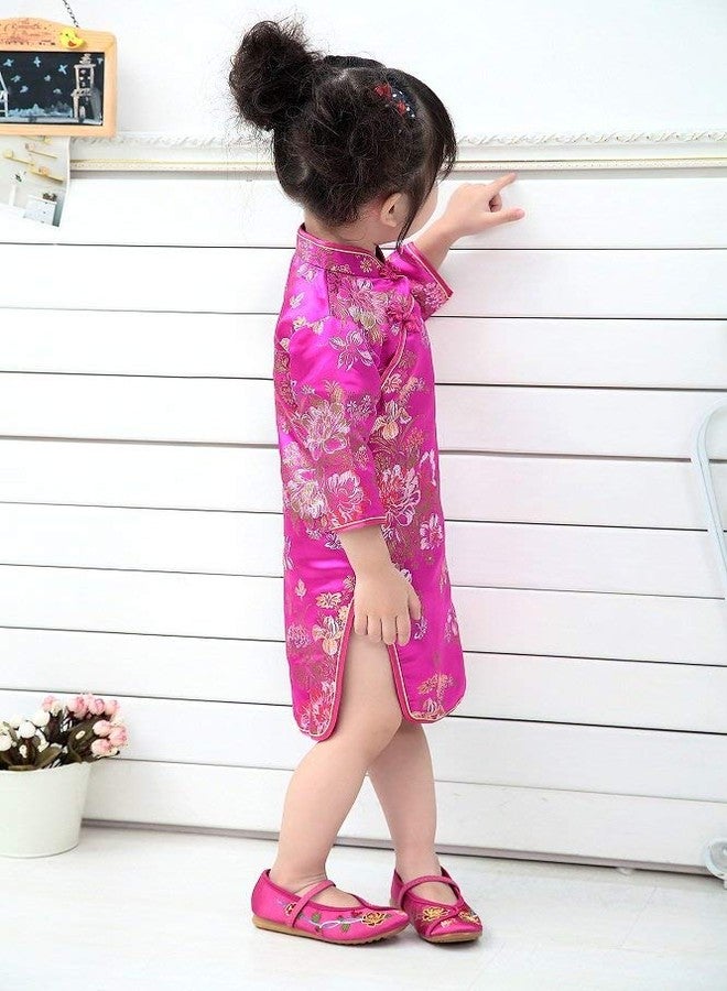 SZCQ Chinese Girls Dress Peony Rose Qipao Half Sleeve Cheongsam Wedding Dresses Princess Birthday Party Costume (Hot Pink,16) - Image 3