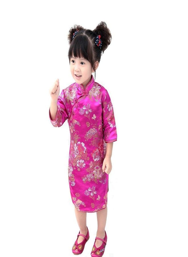 SZCQ Chinese Girls Dress Peony Rose Qipao Half Sleeve Cheongsam Wedding Dresses Princess Birthday Party Costume (Hot Pink,16) - Image 1