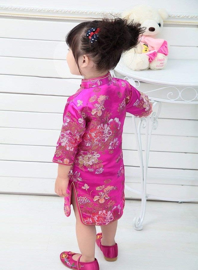 SZCQ Chinese Girls Dress Peony Rose Qipao Half Sleeve Cheongsam Wedding Dresses Princess Birthday Party Costume (Hot Pink,16) - Image 2