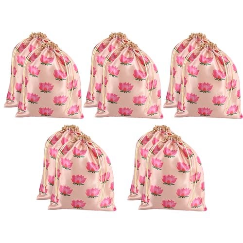 Kuber Industries Pack Of 10 Polyester Potli Bags|7X9 Inch|Return Gifts|Wedding-Party|Drawstring Closure|Wallet|Baby Shower|Lotus Print|Cream - Image 1