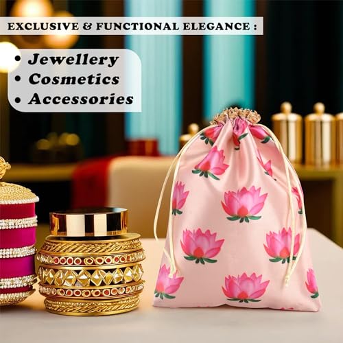 Kuber Industries Pack Of 10 Polyester Potli Bags|7X9 Inch|Return Gifts|Wedding-Party|Drawstring Closure|Wallet|Baby Shower|Lotus Print|Cream - Image 4
