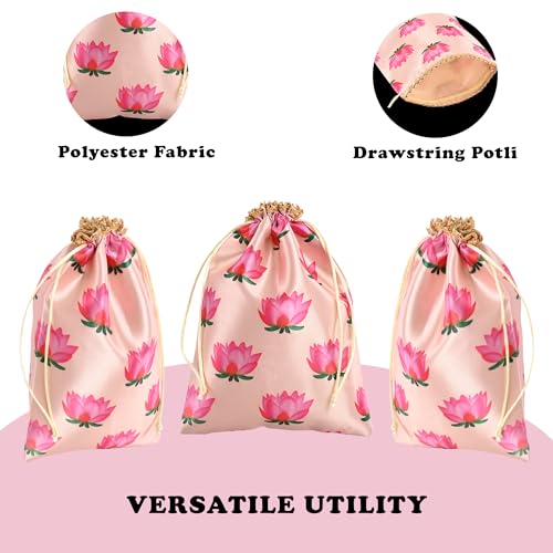 Kuber Industries Pack Of 10 Polyester Potli Bags|7X9 Inch|Return Gifts|Wedding-Party|Drawstring Closure|Wallet|Baby Shower|Lotus Print|Cream - Image 5