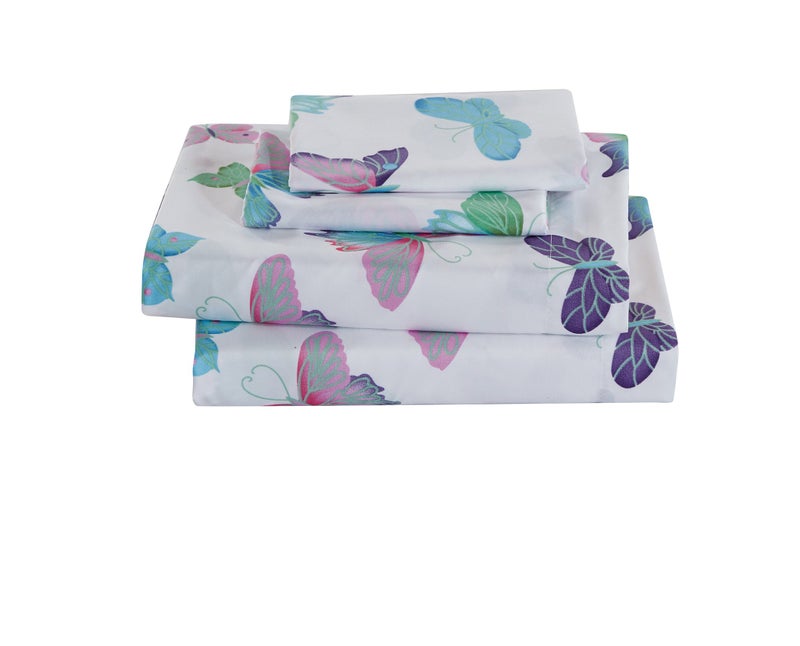 Linen Plus Sheet Set for Girls/Teens/Adults Butterflies Purple White Green Turquoise Pink Butterfly Flat Sheet Fitted Sheet and Pillow case Twin Size New - Image 1