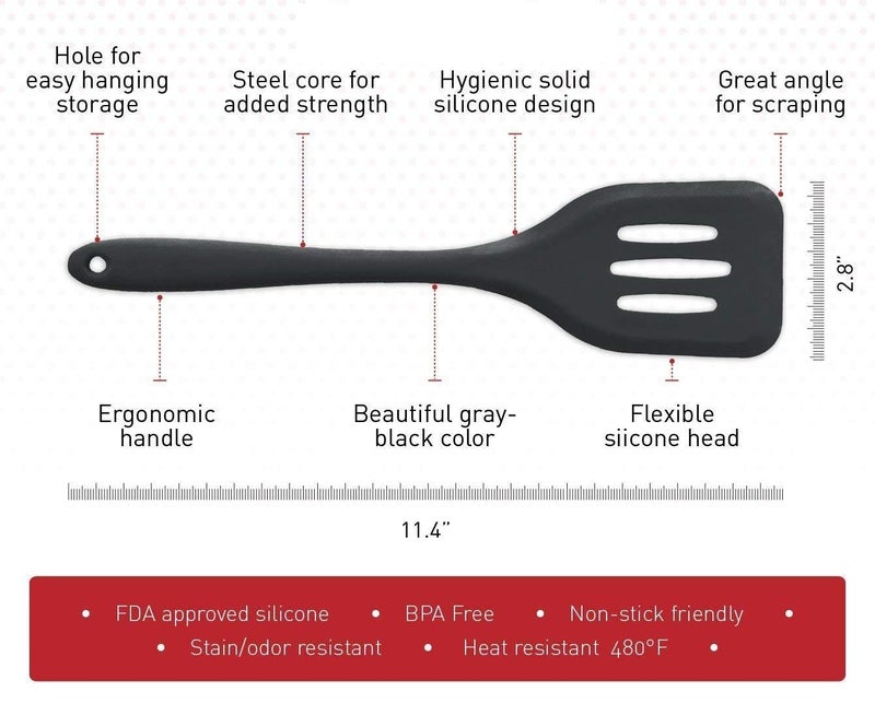 Baskety Silicone Turner Slotted Spatula Non-Stick Flexible Rubber Kitchen Utensil for Fish, Eggs, Pancakes (Black) - Image 5