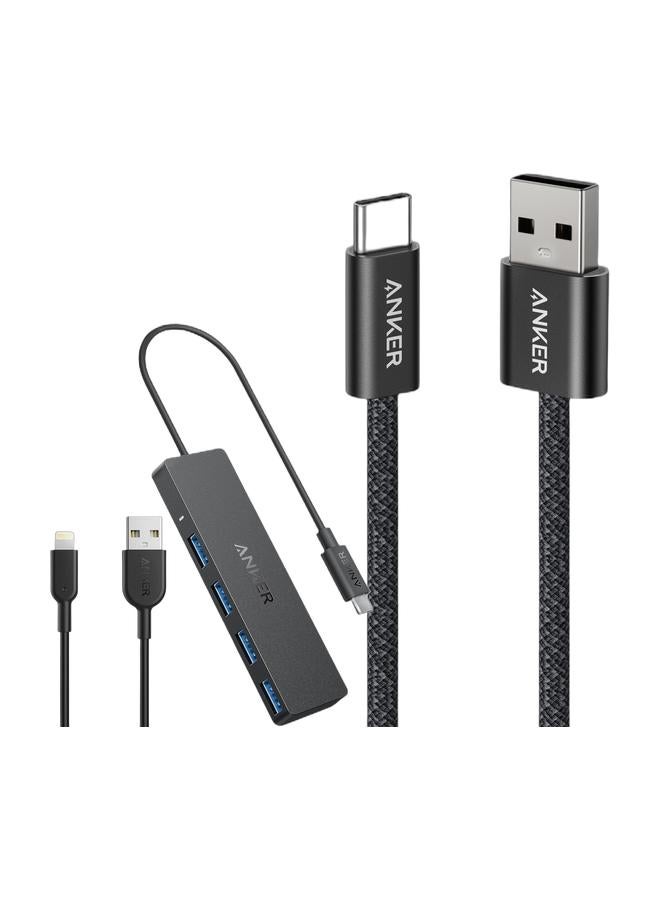 4-Port USB 3.0 Data Hub, Ultra-Slim 5Gbps USB-C OTG Hub with 20 cm Extended Cable, For MacBook, Mac Pro, Mac mini, iMac, Surface Pro, XPS, PC, Flash Drive, Mobile HDD (Charging Not Supported) & Zolo USB to USB C Cable, Seamless CarPlay Connection, 3 FT Durable and Braided Type C Fast Charging Cable, Premium Look with Slim Connector, For iPhone 17/16 Series, iPad Pro, and More & Powerline II Lightning Cable (3ft), Probably The World's Most Durable Cable, MFi Certified for iPhone 14/14 Plus/14 Pro/14 Pro Max/13/12/11/X Series Bundle