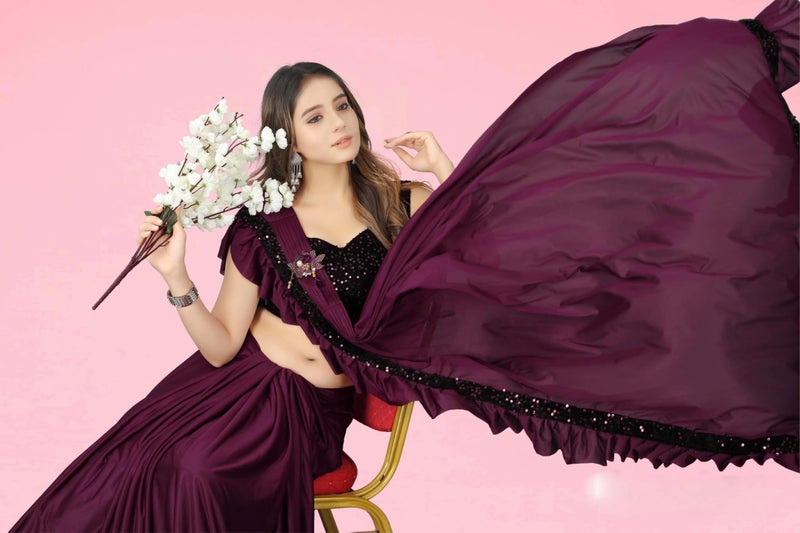 Xavima Fashionable Baby Girls Lycra Blend Ready To Wear Saree with Unstitched Blouse Piece | Readymade Saree For Girls | Sarees For Girls|9-10 Years|Dark Wine - Image 3