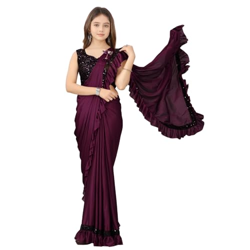 Xavima Fashionable Baby Girls Lycra Blend Ready To Wear Saree with Unstitched Blouse Piece | Readymade Saree For Girls | Sarees For Girls|9-10 Years|Dark Wine - Image 1