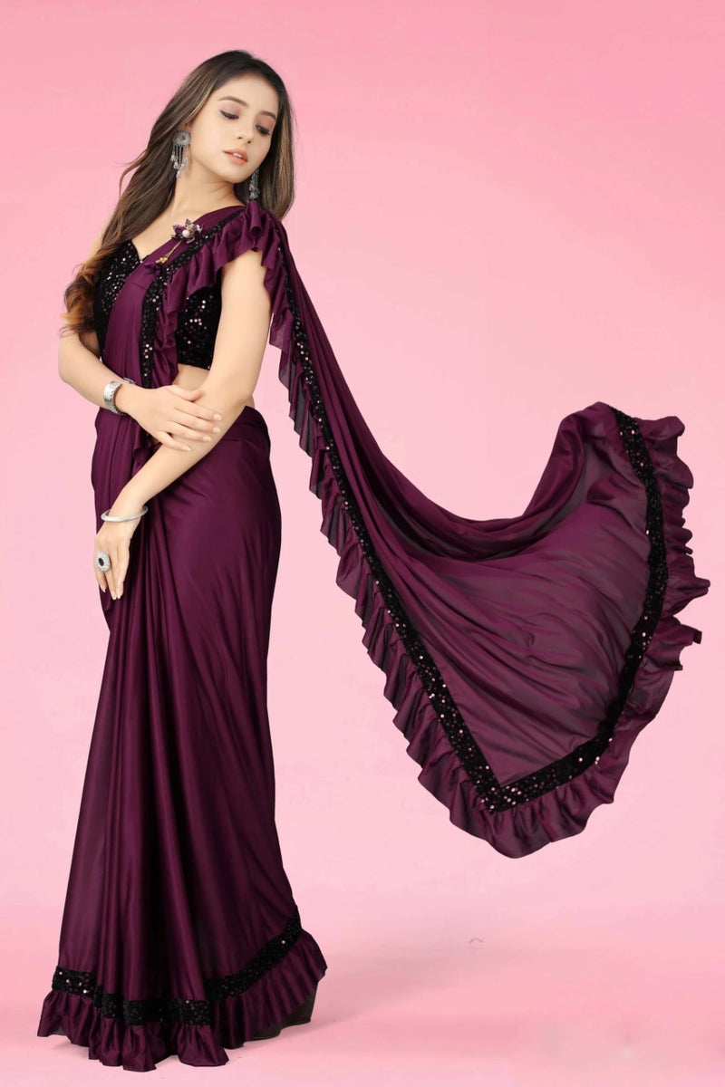 Xavima Fashionable Baby Girls Lycra Blend Ready To Wear Saree with Unstitched Blouse Piece | Readymade Saree For Girls | Sarees For Girls|9-10 Years|Dark Wine - Image 2
