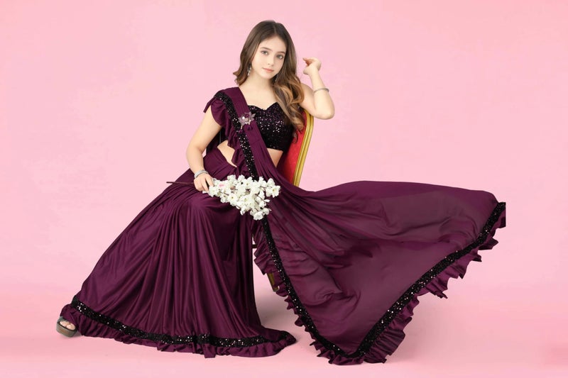 Xavima Fashionable Baby Girls Lycra Blend Ready To Wear Saree with Unstitched Blouse Piece | Readymade Saree For Girls | Sarees For Girls|9-10 Years|Dark Wine - Image 4