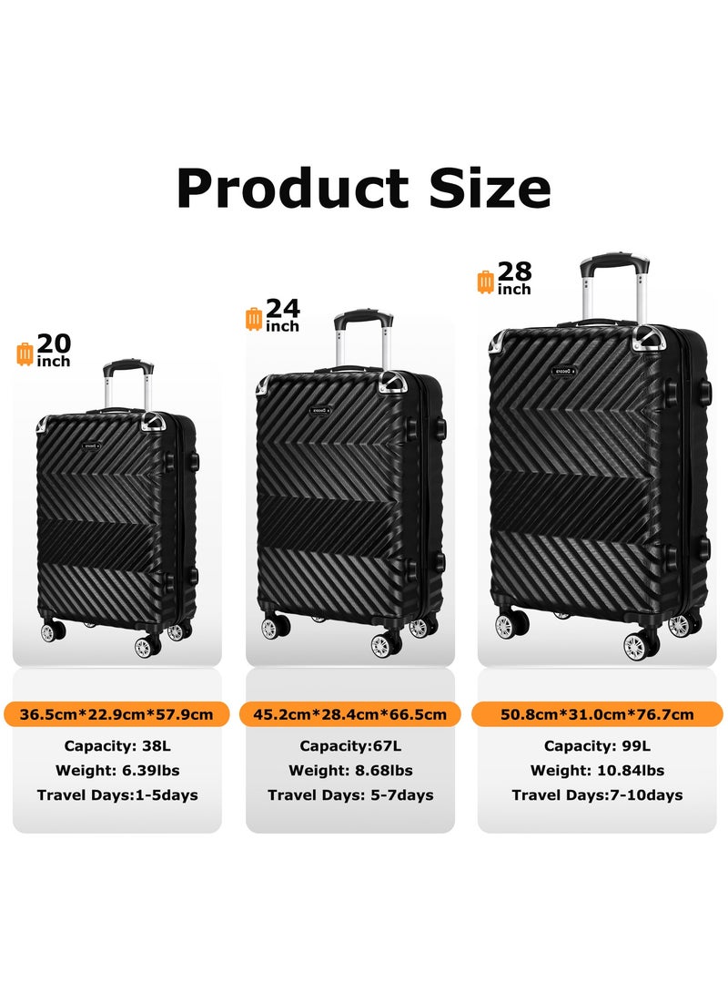 OHAHO 3 Pcs ABS Hardside Luggage Sets TSA Lock Spinner Wheel Suitcases Black 20inch/24inch/28inch - Image 2