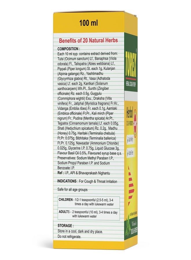 Torex Herbal Cough Syrup Ayurvedic Cough Relief Syrup with Tulsi and Honey 100% Ayurvedic Provides Instant Relief from Cough, Cold & Sore Throat-100ml (Pack of 2) - Image 4