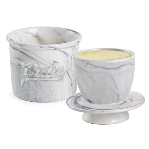 MSJGA Butter Crock for Counter with Water, French Butter Keeper for Spreadable Butter Marble Ceramic Butter Dish with Lid for Countertop, Butter Container Holder - Image 1