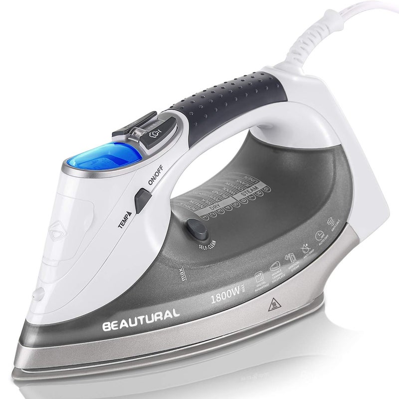 BEAUTURAL 1800-Watt Steam Iron with Digital LCD Screen, Double-Layer and Ceramic Coated Soleplate, 3-Way Auto-Off, 9 Preset Temperature and Steam Settings for Variable Fabric Gray - Image 1