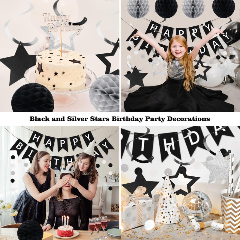 meowtastic Birthday Decorations, Happy Birthday Banner with Honeycomb Balls, Star Hanging Swirl Streamer, Circle Dot Garland, Happy Birthday Party Decoration for Women Men Boys Girls (Black & Silver) - Image 4