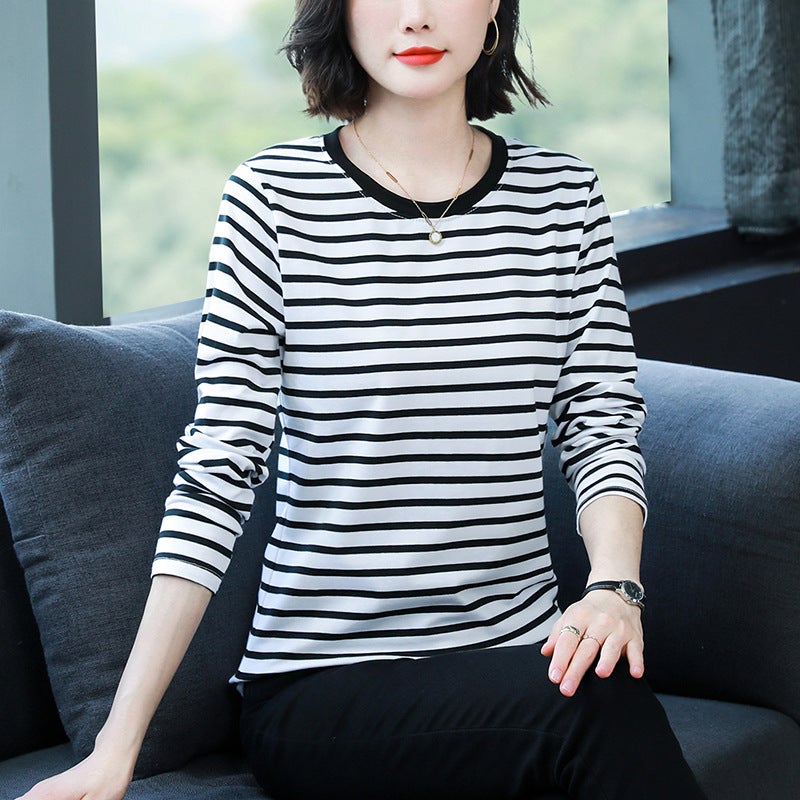 chubby girl plus size Loose Cotton Long-sleeved T-shirt Women's Middle-aged and Elderly Mother's Autumn Clothes Striped Base Shirt Top - Image 1