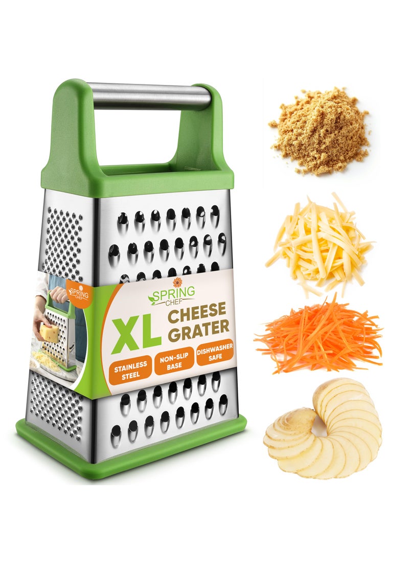 Spring Chef Spring Chef Green Professional Stainless Steel XL Parmesan Cheese Grater with Handle  4 Sided Box Grater for Kitchen  Dishwasher Safe Food Shredder for Carrot Potato Vegetables Ginger Hash Brown 