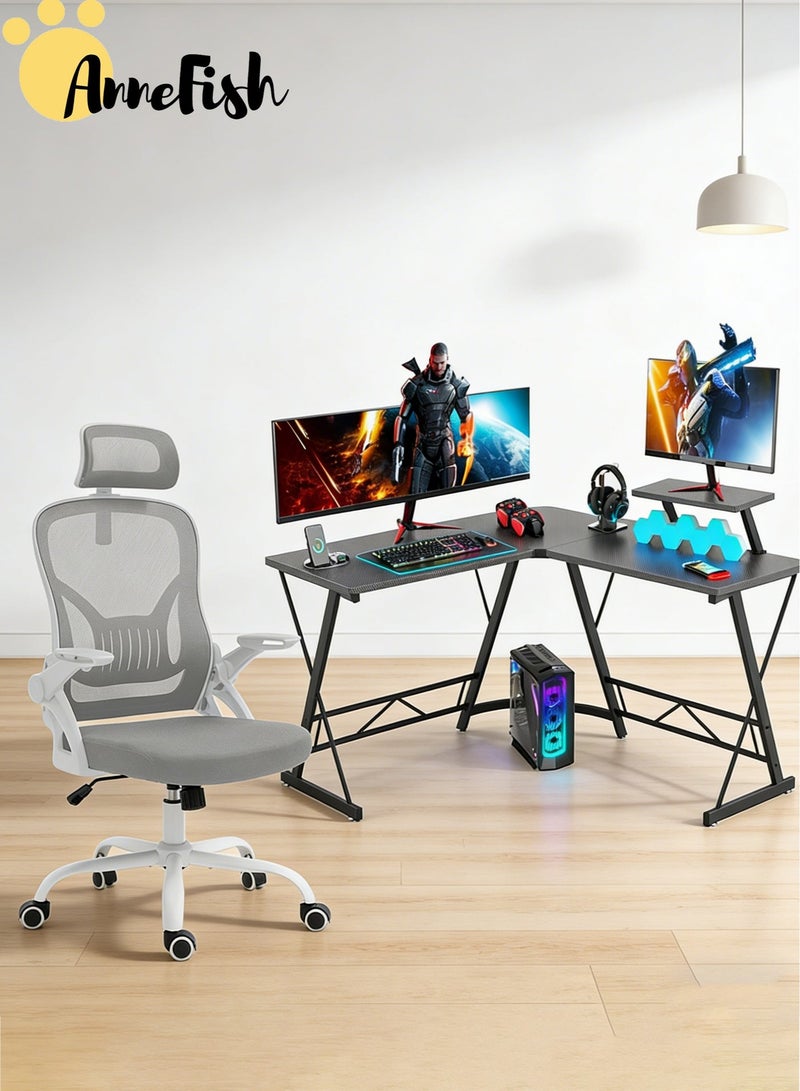 AnneFish Office Desk and Chair Set Ergonomic Mesh Office Chair&120cm L-Shaped Gaming Desk Office Chair with Adjustable Lumbar & Multifunctional Computer Desk With Storage Rack and Drawers - Image 1
