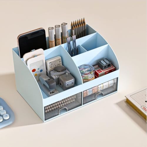 Zollyss Plastic Multifunctional Desk Organiser With 6 Compartments & 2 Drawer Desktop Office Supplies Stationery Storage Box For Pens Staplers Clips Sticky Notes Mobile Holder (Blue) - Image 4