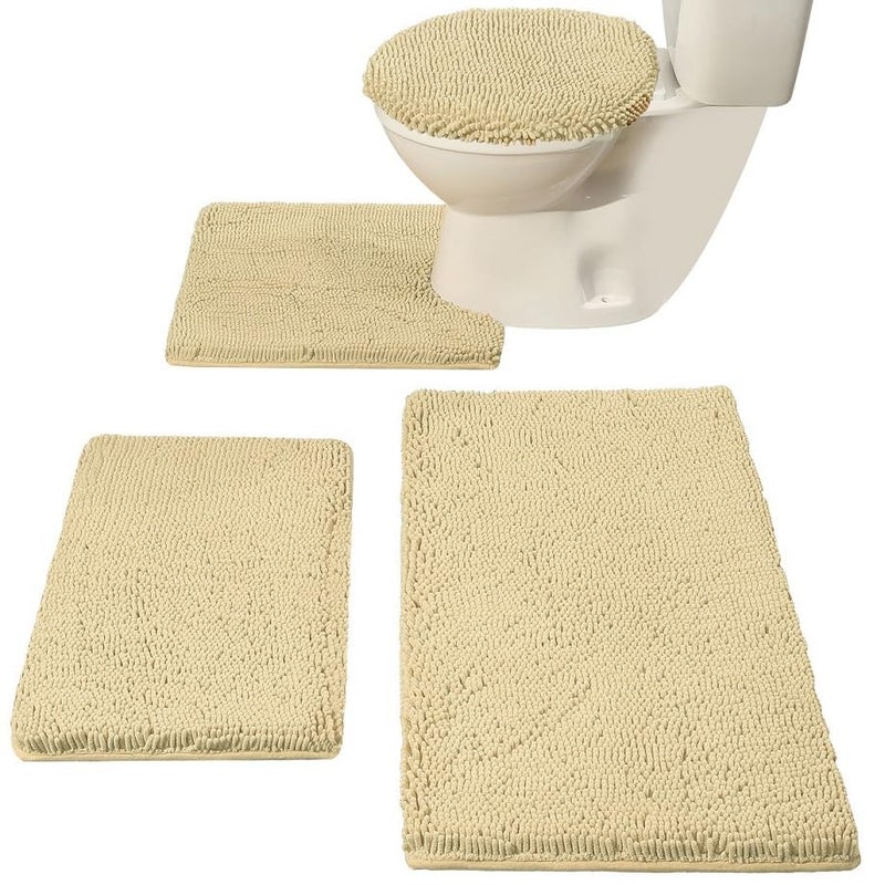 Madeals Bath Rug Set 4 Piece with Toilet Lid Cover Soft Shaggy Bath Rug Set 3 Piece and UShaped Toilet Floor Rug Beige