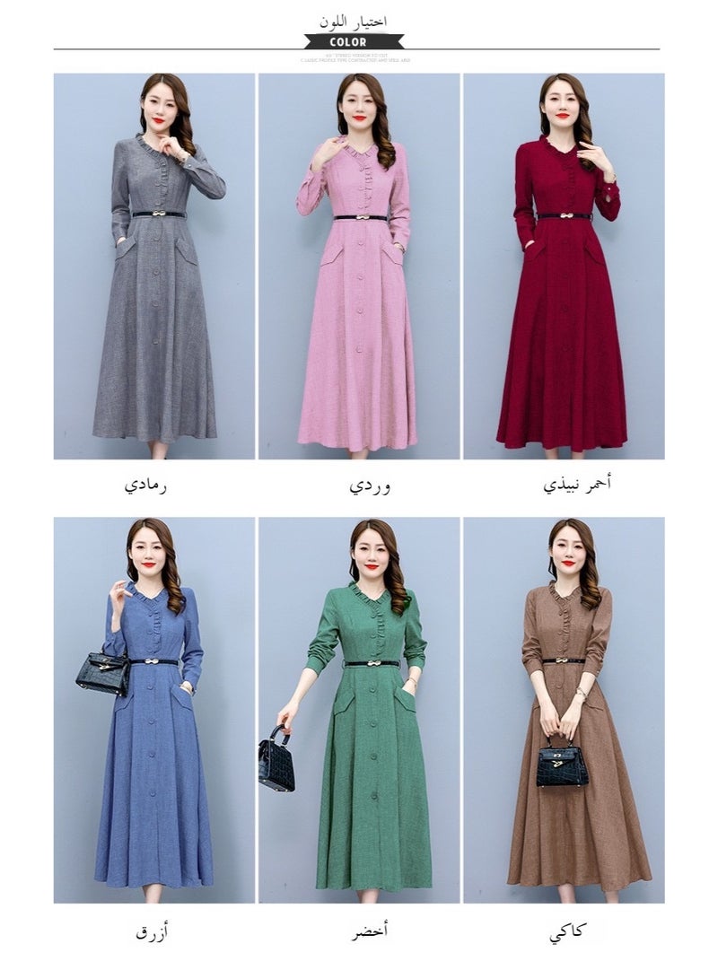 ملابس نسائية 3827 بأسلوب غربي نبيل تنورة كتان جديدة للنساء خصر نحيف مزاج فستان قطن وكتان بأكمام طويلة - Image 4