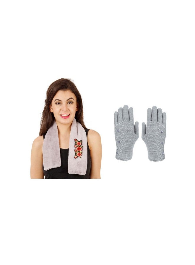FabSeasons Grey Faux Fur Winter Fashion Neck Warmer, Scarf, and Acrylic Woolen Winter Gloves for Women & Girls - Image 1