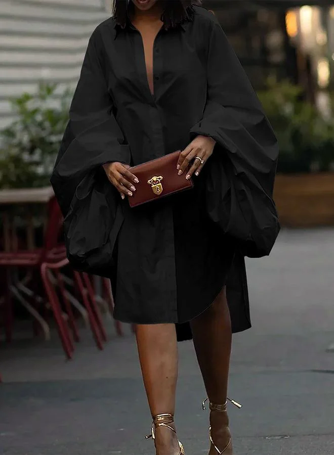 تايك تو Take Two Solid V-Neck Lantern Sleeve Knee-Length Dress