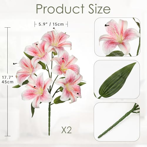 Hollyone 6 Heads Pink Artifical Lily Flowers 2Pcs Easter Lily Artificial Flowers Faux Stargazer Lilies Flower Arrangement Bouquets Fake Lilies Stem for Indoor Home Decor Table Office Party Decoration - Image 3