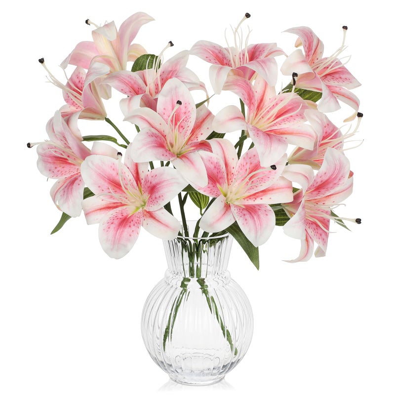 Hollyone 6 Heads Pink Artifical Lily Flowers 2Pcs Easter Lily Artificial Flowers Faux Stargazer Lilies Flower Arrangement Bouquets Fake Lilies Stem for Indoor Home Decor Table Office Party Decoration - Image 2
