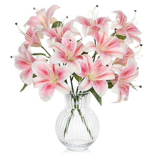 Hollyone 6 Heads Pink Artifical Lily Flowers 2Pcs Easter Lily Artificial Flowers Faux Stargazer Lilies Flower Arrangement Bouquets Fake Lilies Stem for Indoor Home Decor Table Office Party Decoration - Image 1